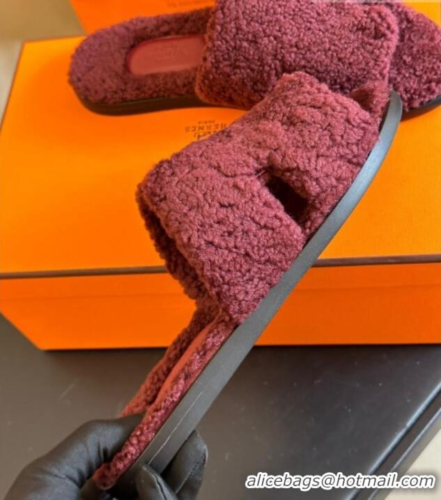 Best Luxury Hermes Izmir Shearling Flat Slide Sandals Purple 027021