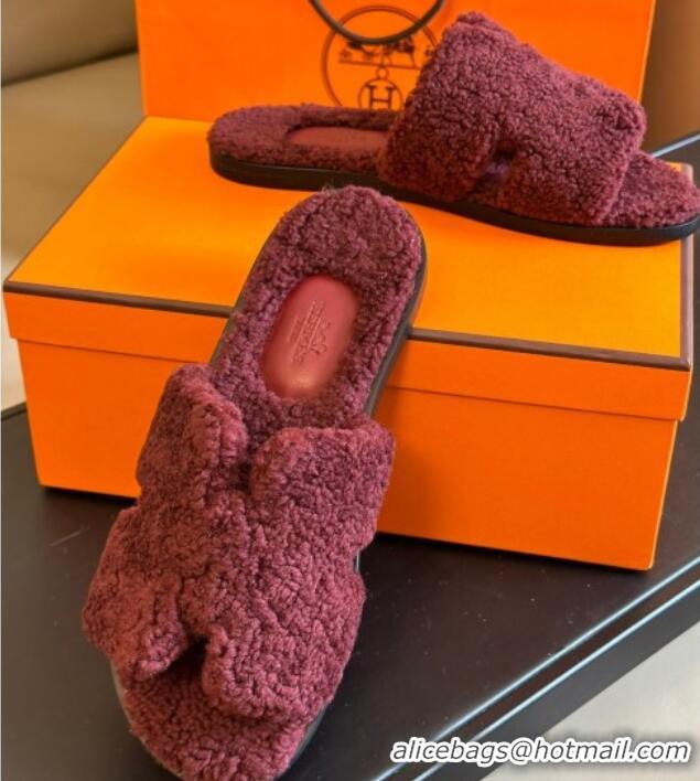 Best Luxury Hermes Izmir Shearling Flat Slide Sandals Purple 027021