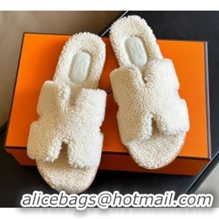 Good Quality Hermes Izmir Shearling Flat Slide Sandals White 027022