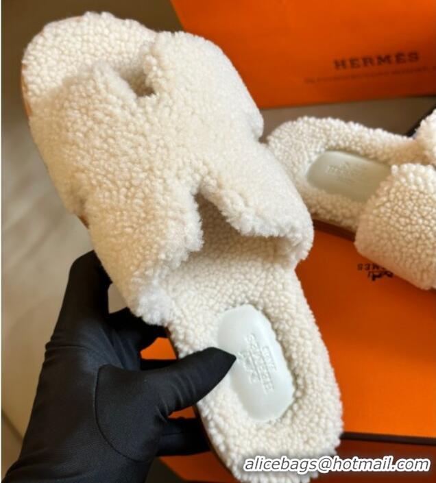 Good Quality Hermes Izmir Shearling Flat Slide Sandals White 027022