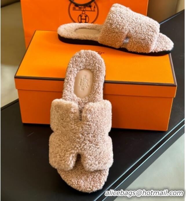 New Style Hermes Izmir Shearling Flat Slide Sandals Beige 027023