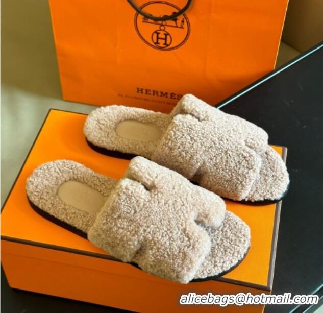 New Style Hermes Izmir Shearling Flat Slide Sandals Beige 027023