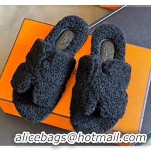 Low Price Hermes Izmir Shearling Flat Slide Sandals Black 027024