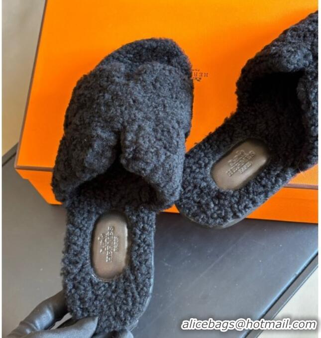 Low Price Hermes Izmir Shearling Flat Slide Sandals Black 027024