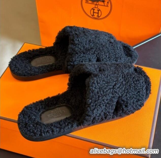 Low Price Hermes Izmir Shearling Flat Slide Sandals Black 027024