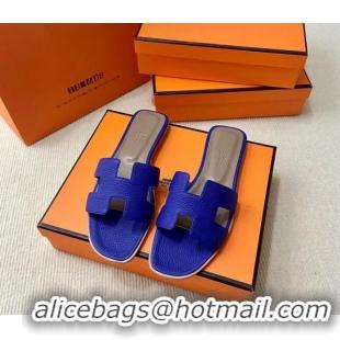 Reasonable Price Hermes Classic Oran Flat Slide Sandals in Togo Calfskin Blue 110402