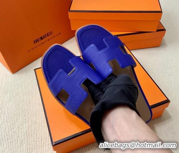 Reasonable Price Hermes Classic Oran Flat Slide Sandals in Togo Calfskin Blue 110402