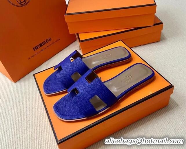 Reasonable Price Hermes Classic Oran Flat Slide Sandals in Togo Calfskin Blue 110402