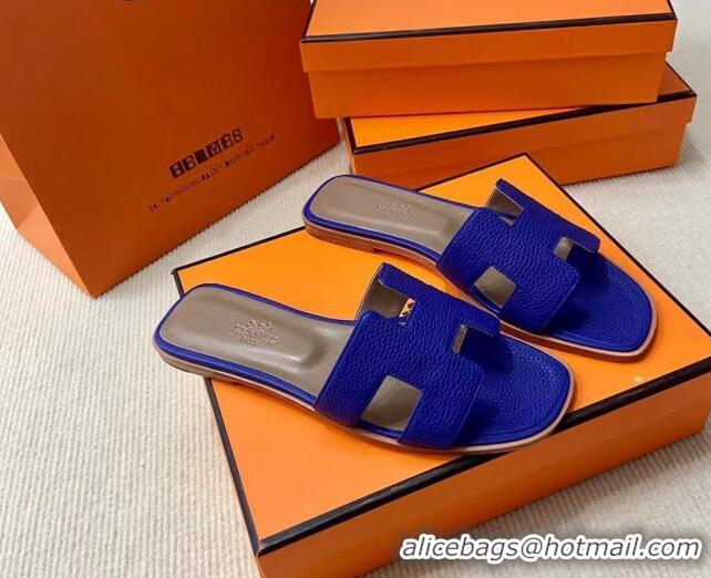 Reasonable Price Hermes Classic Oran Flat Slide Sandals in Togo Calfskin Blue 110402