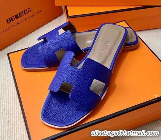 Reasonable Price Hermes Classic Oran Flat Slide Sandals in Togo Calfskin Blue 110402