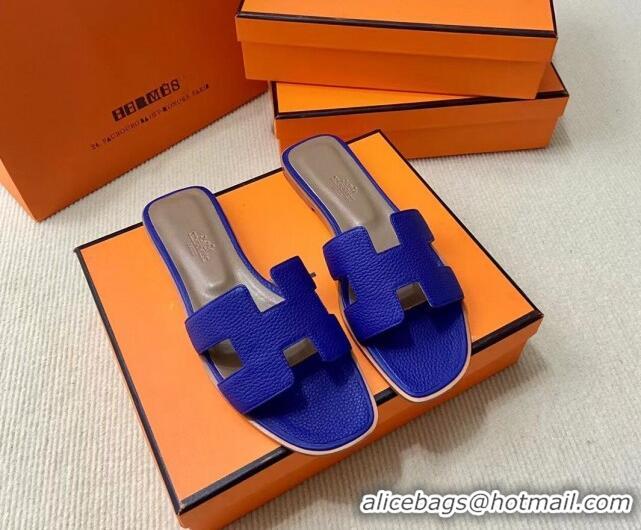 Reasonable Price Hermes Classic Oran Flat Slide Sandals in Togo Calfskin Blue 110402