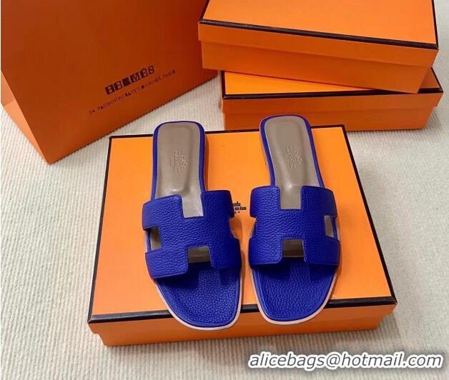 Reasonable Price Hermes Classic Oran Flat Slide Sandals in Togo Calfskin Blue 110402