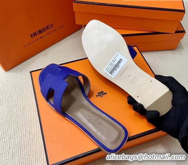 Reasonable Price Hermes Classic Oran Flat Slide Sandals in Togo Calfskin Blue 110402