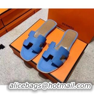 Affordable Price Hermes Classic Oran Flat Slide Sandals in Togo Calfskin Blue 3110403