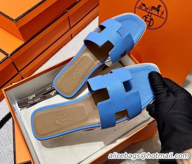 Affordable Price Hermes Classic Oran Flat Slide Sandals in Togo Calfskin Blue 3110403