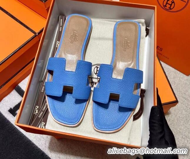 Affordable Price Hermes Classic Oran Flat Slide Sandals in Togo Calfskin Blue 3110403