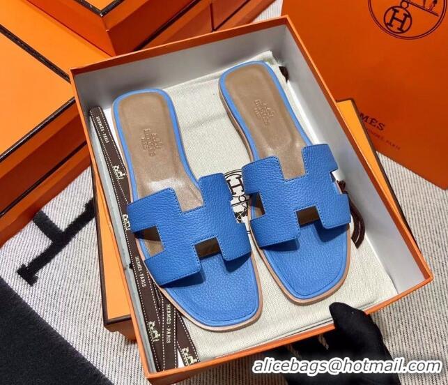 Affordable Price Hermes Classic Oran Flat Slide Sandals in Togo Calfskin Blue 3110403