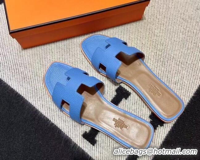 Affordable Price Hermes Classic Oran Flat Slide Sandals in Togo Calfskin Blue 3110403