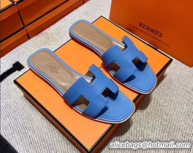 Affordable Price Hermes Classic Oran Flat Slide Sandals in Togo Calfskin Blue 3110403