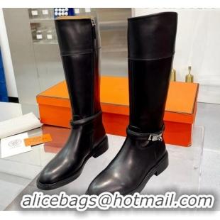 Low Price Hermes Kelly Buckle Calf Leather High Boots Black 104053