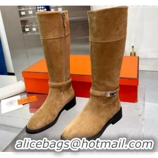 Elegant Hermes Kelly Buckle Suede High Boots Brown 104054