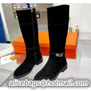 Good Product Hermes Kelly Buckle Suede High Boots Black 104055