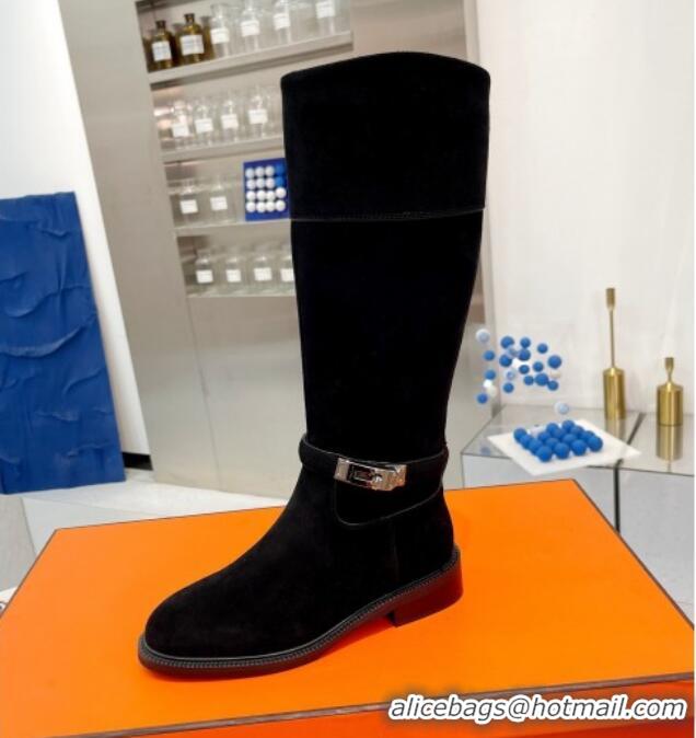 Good Product Hermes Kelly Buckle Suede High Boots Black 104055