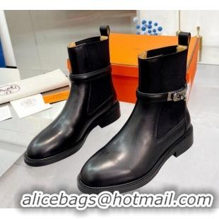 Most Popular Hermes Kelly Buckle Calf Leather Ankle Boots Black 104056