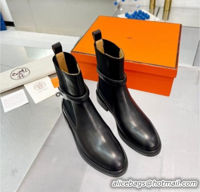 Most Popular Hermes Kelly Buckle Calf Leather Ankle Boots Black 104056