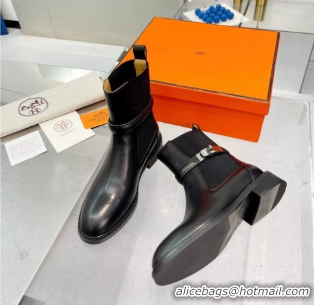 Most Popular Hermes Kelly Buckle Calf Leather Ankle Boots Black 104056