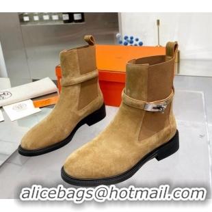 Feminine Hermes Kelly Buckle Suede Ankle Boots Brown 104057