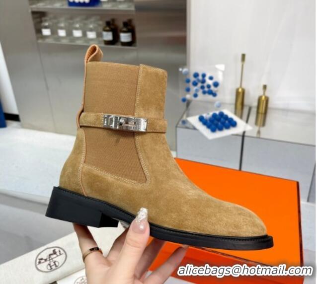 Feminine Hermes Kelly Buckle Suede Ankle Boots Brown 104057