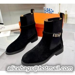 Popular Hermes Kelly Buckle Suede Ankle Boots Black 104058