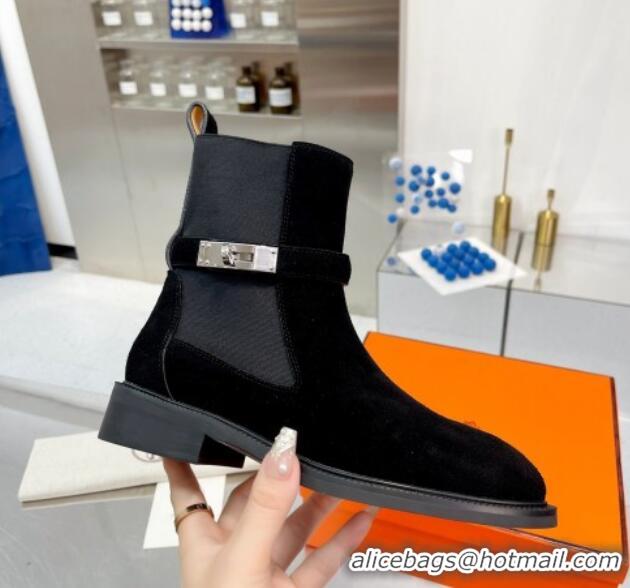 Popular Hermes Kelly Buckle Suede Ankle Boots Black 104058