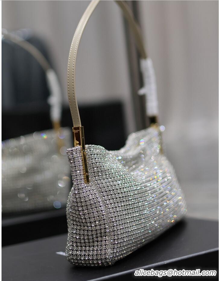 Top Quality Yves Saint Laurent Suzanne Small In Rhinestones Mesh And Satin Shoulder Bag 741637 Silver