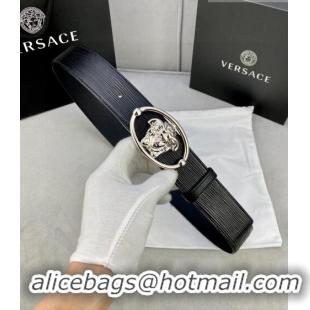 ​Famous Brand Versace Epi Leather Belt 4cm with Medusa Buckle V8409 Black/Silver