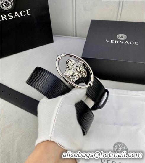 ​Famous Brand Versace Epi Leather Belt 4cm with Medusa Buckle V8409 Black/Silver