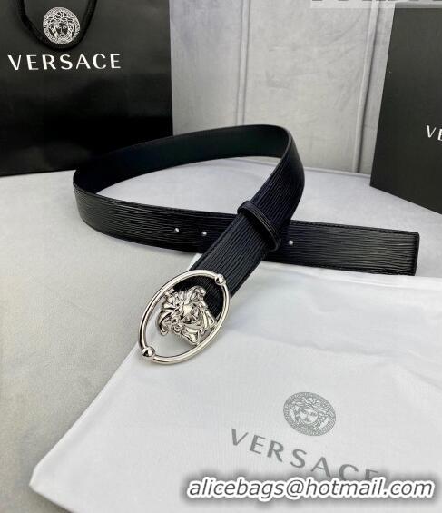 ​Famous Brand Versace Epi Leather Belt 4cm with Medusa Buckle V8409 Black/Silver