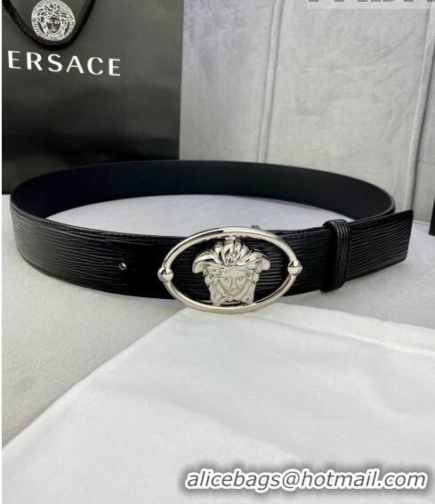 ​Famous Brand Versace Epi Leather Belt 4cm with Medusa Buckle V8409 Black/Silver