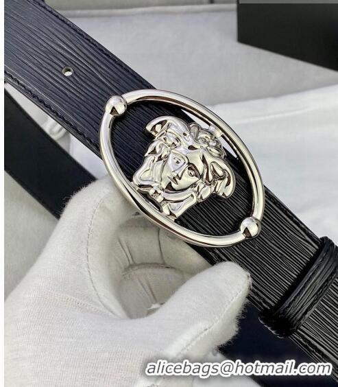 ​Famous Brand Versace Epi Leather Belt 4cm with Medusa Buckle V8409 Black/Silver