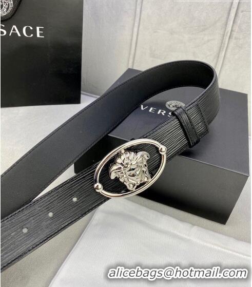 ​Famous Brand Versace Epi Leather Belt 4cm with Medusa Buckle V8409 Black/Silver