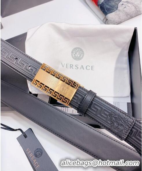 ​Top Quality Versace Logo Embossed leather Belt 3.5cm 040293 Black/Gold