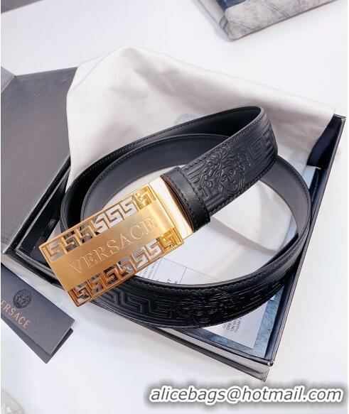 ​Top Quality Versace Logo Embossed leather Belt 3.5cm 040293 Black/Gold