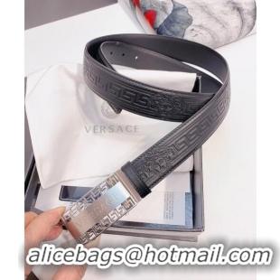 ​Best Price Versace Logo Embossed leather Belt 3.5cm 040294 Black/Silver