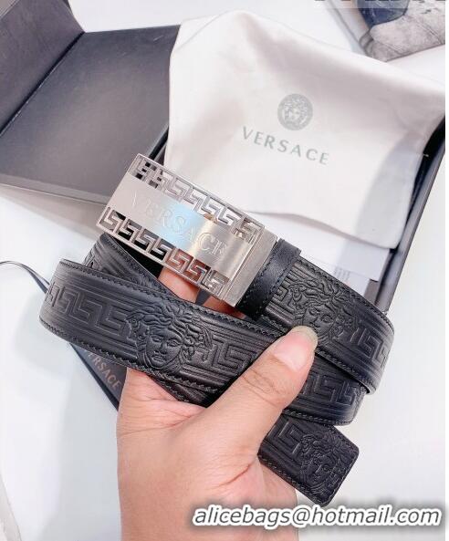 ​Best Price Versace Logo Embossed leather Belt 3.5cm 040294 Black/Silver