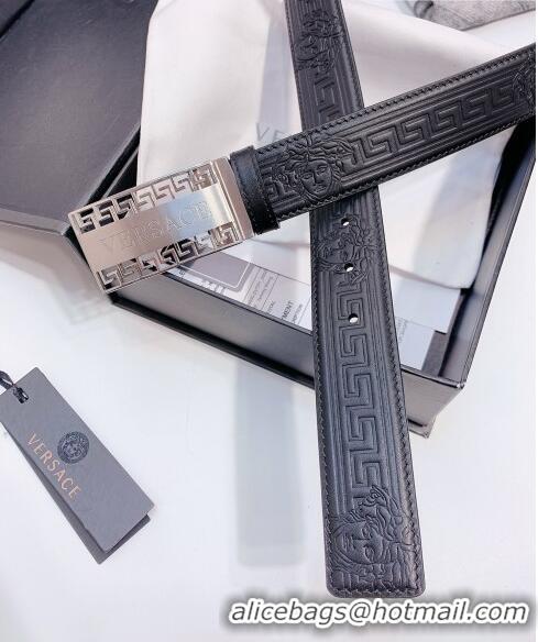 ​Best Price Versace Logo Embossed leather Belt 3.5cm 040294 Black/Silver