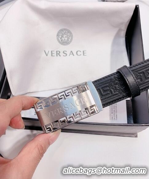 ​Best Price Versace Logo Embossed leather Belt 3.5cm 040294 Black/Silver