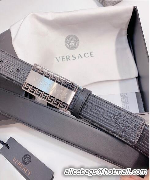 ​Best Price Versace Logo Embossed leather Belt 3.5cm 040294 Black/Silver