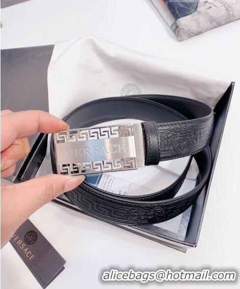 ​Best Price Versace Logo Embossed leather Belt 3.5cm 040294 Black/Silver