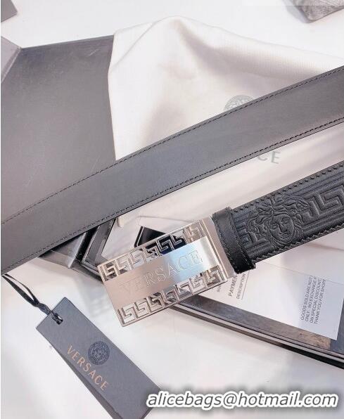 ​Best Price Versace Logo Embossed leather Belt 3.5cm 040294 Black/Silver